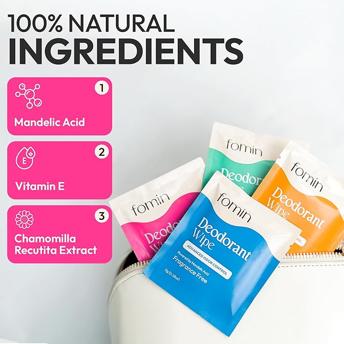 FOMIN Acidified Travel Deodorant Wipes For Women & Men - 30 Count - Patchouli Blossom - pH Balanced, Mini Deodorant Travel Size Wipes - Plastic-Free, Individually Wrapped Underarm Body Wipes