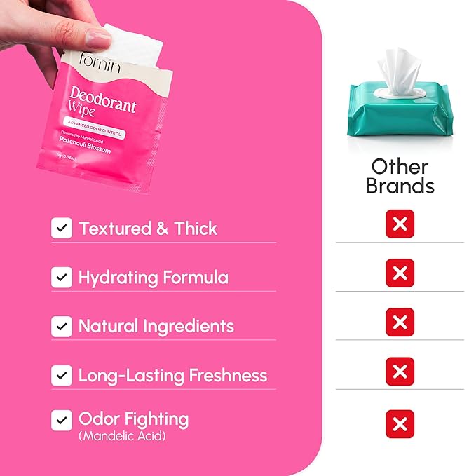 FOMIN Acidified Travel Deodorant Wipes For Women & Men - 30 Count - Patchouli Blossom - pH Balanced, Mini Deodorant Travel Size Wipes - Plastic-Free, Individually Wrapped Underarm Body Wipes