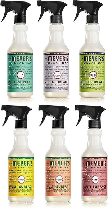 Mrs. Meyer Multi Surface Cleaner Variety Pack, Includes 1 Basil 1 Lavender 1 Lemon Verbena 1 Honeysuckle 1 Geranium 1 Rosemary. 6 ct.16 fl oz.