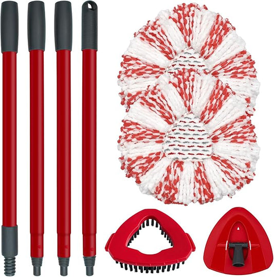 Spin Mop Replacement Head, Base, Mop Handle Replacement for OCedar EasyWring 1 Tank System, 2 Microfiber Refills, 4-Section Sturdy Iron 30-58in Stick, 1 Head Cover and 1 Scrubber Mop Head