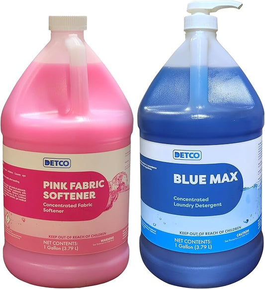 Laundry Deep Cleaning Bundle 2-Pack - 1 Gallon Each of Blue Max Industrial-Strength Detergent & Detco Pink Fabric Softener Concentrate - Safely Clean 256 Loads Per Gallon, 1/2 Ounce Per Load