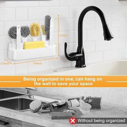 Dish Brush Set of 7 with Holder for Scrubing Dishes Pots Pans Bowls Plates Bottles Sinks Grills Kitchen Counter Microwaves,Organize in 1,Easy Storage,Compact design,Exchangeable handle,Drainage Design