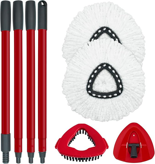 Spin Mop Replace Head, Base, Mop Handle Replacement for OCedar EasyWring 1 Tank System - Include 2 Microfiber Refills, 4-Section Sturdy Iron 30-58in Handle, Head Cover and Scrubber