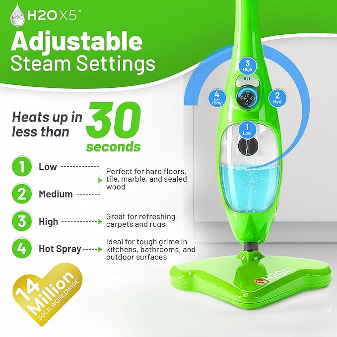 H2O 5-in-1 Multi-Purpose, Handheld Steam Cleaner, Adjustable Height, Removable Tank, Large Capacity, Rapid Heat Up, Steam Control, Lightweight, High Pressure