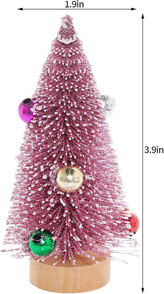 Yookat 12Pcs Mini Christmas Trees Small Sisal Trees Mini Pine Trees with Wood Base Mini Bottle Brush Trees Artificial Mini Christmas Trees Assorted Color for Christmas Winter Decoration (Pink)