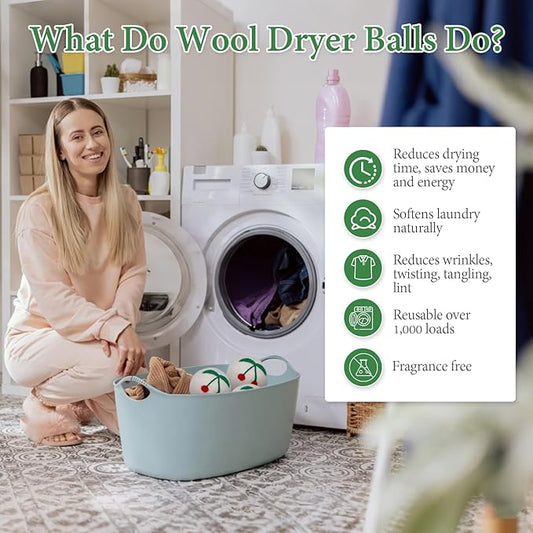Wool Dryer Balls XL 6Pack Cherry Eco Dryer Balls Dryer Balls Laundry Reusable Softens Laundry Naturally Reduces Drying Time & Static No More Dryer Sheets with Storage Bag