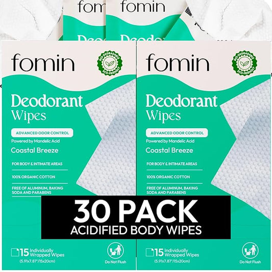 FOMIN Acidified Travel Deodorant Wipes For Women & Men - 30 Count - Coastal Breeze - pH Balanced, Mini Deodorant Travel Size Wipes - Plastic-Free, Individually Wrapped Underarm Body Wipes