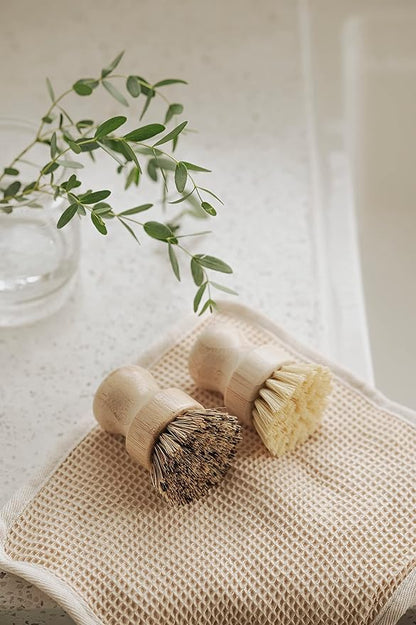 Jungle Culture Kitchen Dish Scrubber Set of 2 • Bamboo Dish Brush for Washing Pots, Pans, Dishes & Plates • Natural Bristle Wooden Brushes for Washing Up • Zero Waste Firm & Soft Eco Scrub Brush