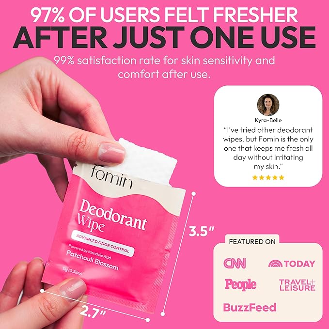 FOMIN Acidified Travel Deodorant Wipes For Women & Men - 30 Count - Patchouli Blossom - pH Balanced, Mini Deodorant Travel Size Wipes - Plastic-Free, Individually Wrapped Underarm Body Wipes
