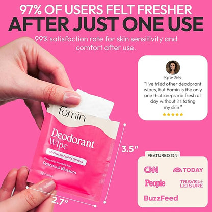 FOMIN Acidified Travel Deodorant Wipes For Women & Men - 30 Count - Patchouli Blossom - pH Balanced, Mini Deodorant Travel Size Wipes - Plastic-Free, Individually Wrapped Underarm Body Wipes