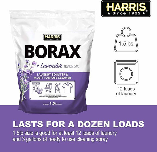 Harris Borax Powder Hard Water Laundry Booster and Multi-Purpose Cleaner, 1.5lb, Pure Essential Oils, No Artificial Fragrance (Lavender)