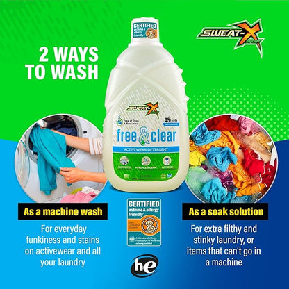 Sweat X Free & Clear Activewear Laundry Detergent – Certified Asthma & Allergy Friendly® – Hypoallergenic – Remove the Worst Odors & Toughest Stains – High-Performance Sports Wash – 45 Loads – 4 Pack
