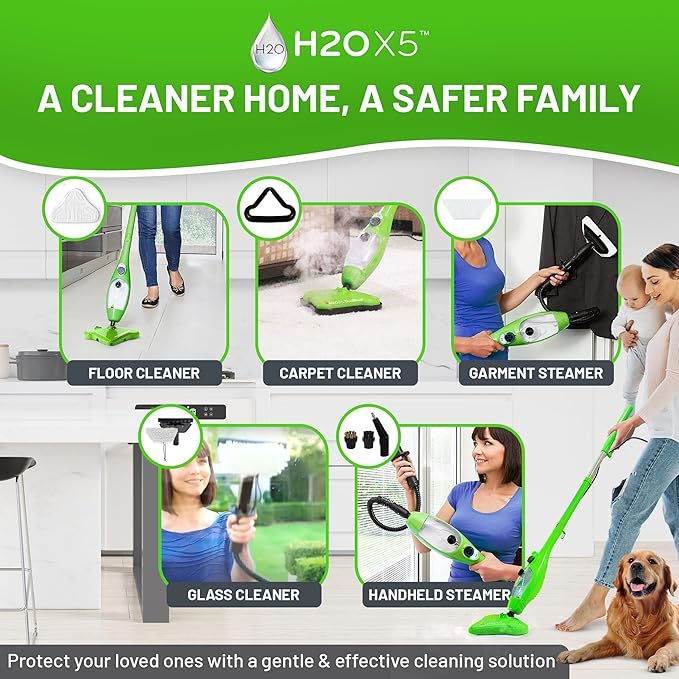 H2O 5-in-1 Multi-Purpose, Handheld Steam Cleaner, Adjustable Height, Removable Tank, Large Capacity, Rapid Heat Up, Steam Control, Lightweight, High Pressure