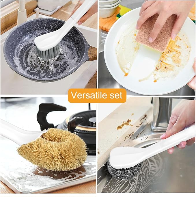 Dish Brush Set of 7 with Holder for Scrubing Dishes Pots Pans Bowls Plates Bottles Sinks Grills Kitchen Counter Microwaves,Organize in 1,Easy Storage,Compact design,Exchangeable handle,Drainage Design