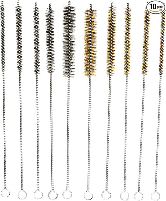10-Piece Tube Cleaning Brush Kit | Brass Wire Bore Brushes & Stainless Steel Brushes 12" Long (1/4" to 3/4") for Tubes, Cylinders, and Narrow Spaces