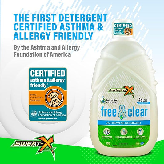 Sweat X Free & Clear Activewear Laundry Detergent – Certified Asthma & Allergy Friendly® – Hypoallergenic – Remove the Worst Odors & Toughest Stains – High-Performance Sports Wash – 45 Loads – 4 Pack