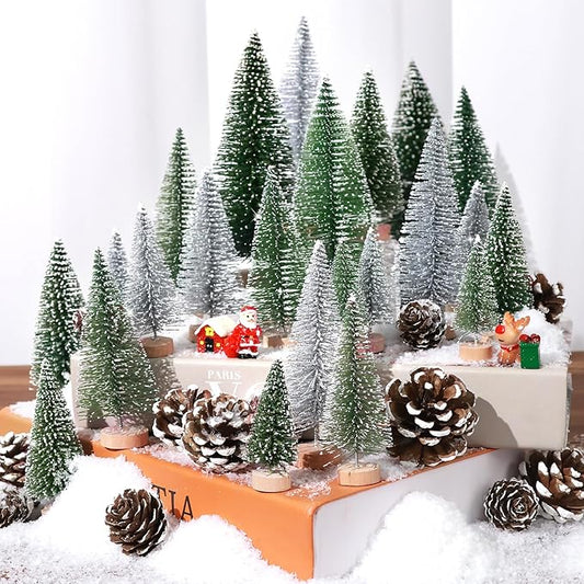 Set of 35PCS Mini Christmas Tree, Christmas Pine Cones, 2oz Fake Snow Powder, Mixed Christmas Decoration, Xmas Village Displays Winter DIY Crafts (Classic Green)