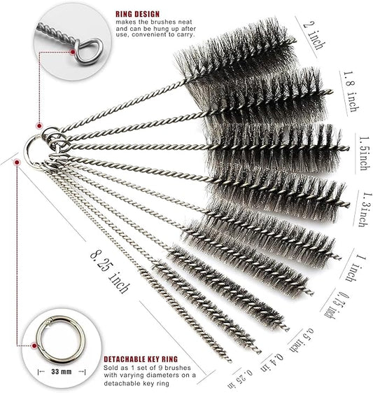 Pipe Cleaning Brush Set Stainless Steel Bristles, Stainless Steel Pipe Brush Steel Bottle Brush 9 Piece Variety Pack for Auto Parts, Bottles, Tubes, Etc.