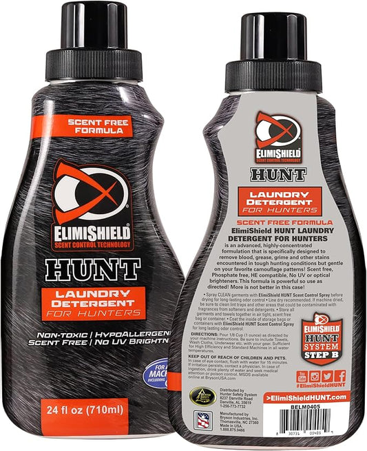 Hunter Safety System ElimiShield Hunt Scent-Free Laundry Detergent, Odor Eliminator for Hunting Gear, Scent Killer for Hunting, & Laundry Detergent for Stains – 24oz Bottle Pack of 2