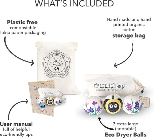 Wool Dryer Balls by Friendsheep 3 Pack XL Organic Premium Reusable Cruelty Free Handmade Fair Trade No Lint Fabric Softener Lavender Fields Bee Flower