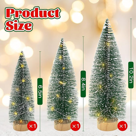 3 PCS Mini Bottle Brush Christmas Trees with Lights, Miniature Tabletop Christmas Tree for Christmas Decorations Indoor, Desktop Pine Tree Xmas Holiday Decor