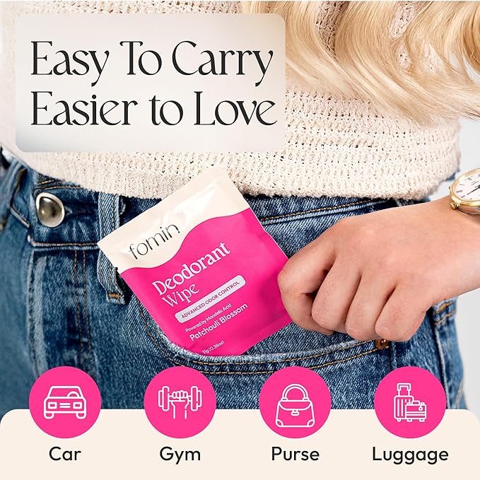FOMIN Acidified Travel Deodorant Wipes For Women & Men - 30 Count - Patchouli Blossom - pH Balanced, Mini Deodorant Travel Size Wipes - Plastic-Free, Individually Wrapped Underarm Body Wipes