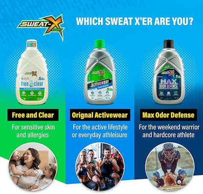 Sweat X Free & Clear Activewear Laundry Detergent – Certified Asthma & Allergy Friendly® – Hypoallergenic – Remove the Worst Odors & Toughest Stains – High-Performance Sports Wash – 45 Loads – 4 Pack