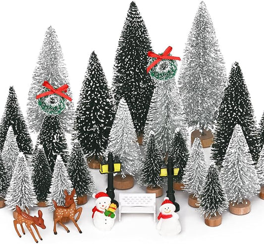 Waipfaru Christmas Village Accessories, 30 Pcs Christmas Village Display Platforms with Snowman, Mini Bottle Brush Christmas Trees, Miniature Small Pine Trees for Xmas Table Winter Decor