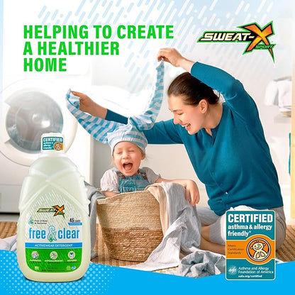 Sweat X Free & Clear Activewear Laundry Detergent – Certified Asthma & Allergy Friendly® – Hypoallergenic – Remove the Worst Odors & Toughest Stains – High-Performance Sports Wash – 45 Loads – 4 Pack