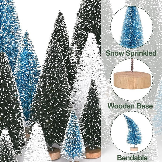 Waipfaru Christmas Decorations, Blue Bottle Brush Christmas Trees, 21 Pcs White Mini Christmas Trees, Miniature Pine Trees for Xmas Tabletop Crafts Indoor Table Home Decor (Blue & White)