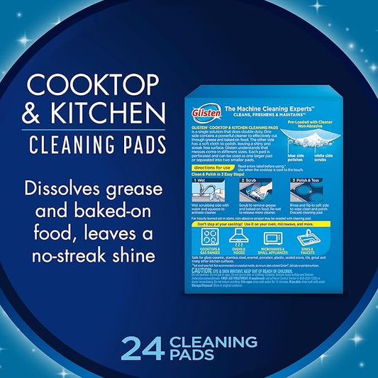 Glisten Cooktop and Kitchen Cleaning Pads for Glass, Gas Ranges, Ovens, Microwaves, and More, Dissolves Grease and Baked on Foods, Lemon Scent, 24 Large Pads or 48 Small Pads