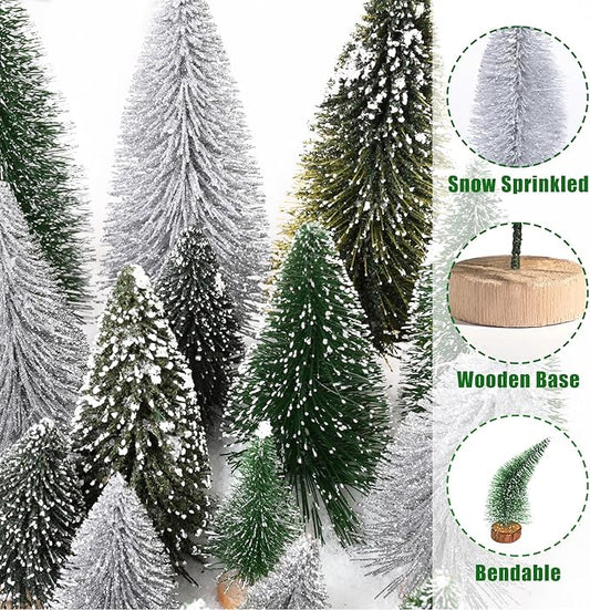 Waipfaru Christmas Decorations, Bottle Brush Christmas Trees, 21 Pcs Mini Christmas Tree Table Decor, Miniature Pine Trees for Xmas Tabletop Crafts Indoor Decor (Green & Sliver)